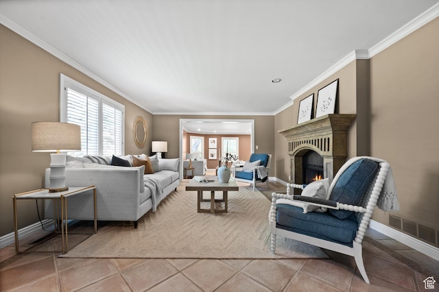 5757 S Holladay Blvd E, Holladay, UT 84121 - living room featuring crown molding, recessed lighting, a warm lit fireplace, and light tile patterned flooring