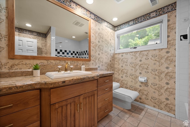 5757 S Holladay Blvd E, Holladay, UT 84121 - full bathroom with vanity, a shower, wallpapered walls, and recessed lighting