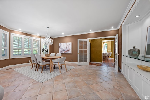 5757 S Holladay Blvd E, Holladay, UT 84121 - dining space with recessed lighting, healthy amount of natural light, a chandelier, ornamental molding, and french doors