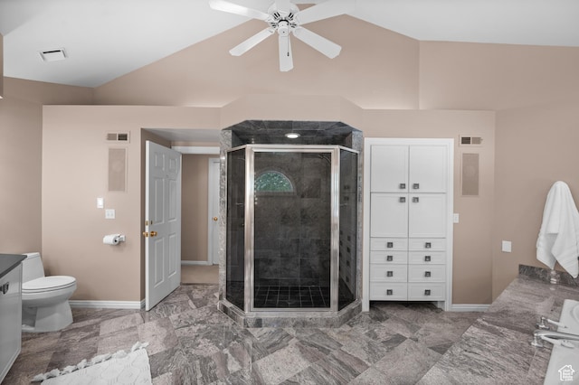 5757 S Holladay Blvd E, Holladay, UT 84121 - full bath with a stall shower, vaulted ceiling, ceiling fan, and vanity