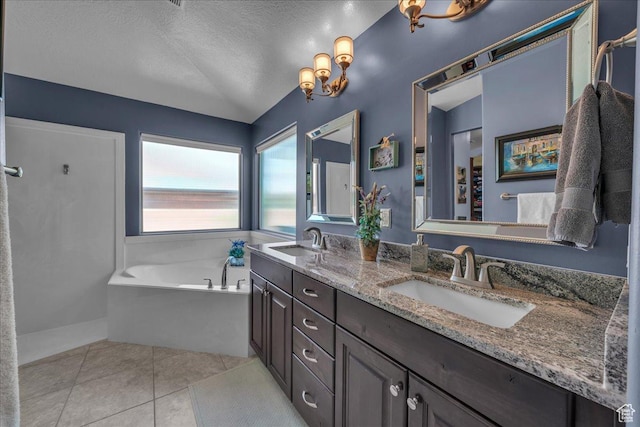 3075 E Delany Dr, St George, UT 84790 - full bath featuring double vanity, a garden tub, a textured ceiling, tile patterned flooring, and a chandelier