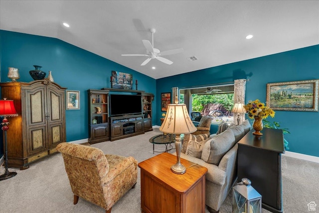 3075 E Delany Dr, St George, UT 84790 - living area featuring carpet, lofted ceiling, a ceiling fan, and recessed lighting