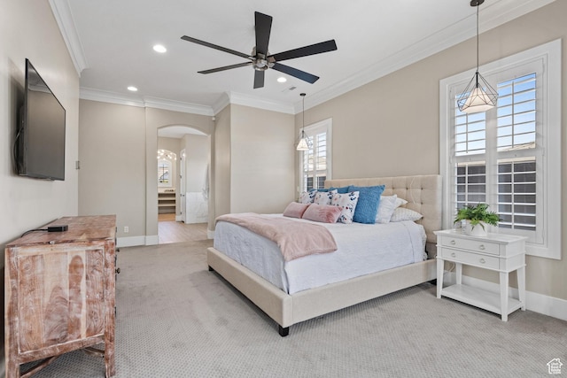 2530 S Monterosa Ln, St George, UT 84790 - carpeted bedroom featuring arched walkways, crown molding, recessed lighting, and ceiling fan