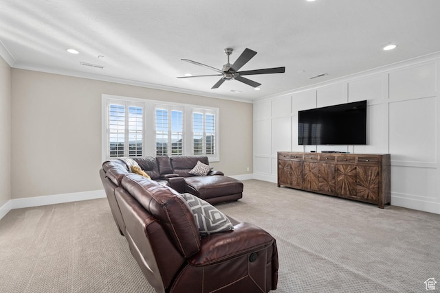 2530 S Monterosa Ln, St George, UT 84790 - living area featuring light colored carpet, crown molding, ceiling fan, and recessed lighting