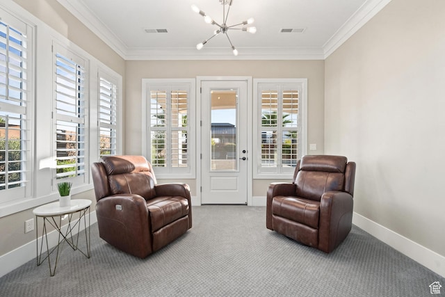 2530 S Monterosa Ln, St George, UT 84790 - sitting room with a chandelier, ornamental molding, and carpet
