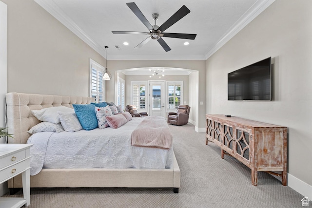 2530 S Monterosa Ln, St George, UT 84790 - carpeted bedroom featuring access to exterior, arched walkways, ornamental molding, a ceiling fan, and recessed lighting