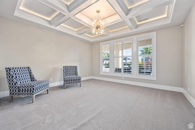 2530 S Monterosa Ln, St George, UT 84790 - living area featuring a chandelier, coffered ceiling, carpet floors, and beam ceiling