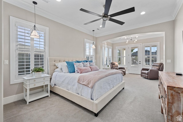 2530 S Monterosa Ln, St George, UT 84790 - bedroom featuring carpet flooring, ornamental molding, multiple windows, recessed lighting, and access to outside