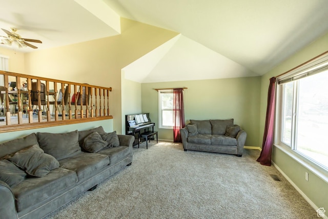 2908 N Cherry Dr E, North Ogden, UT 84414 - living room with ceiling fan, carpet floors, and lofted ceiling