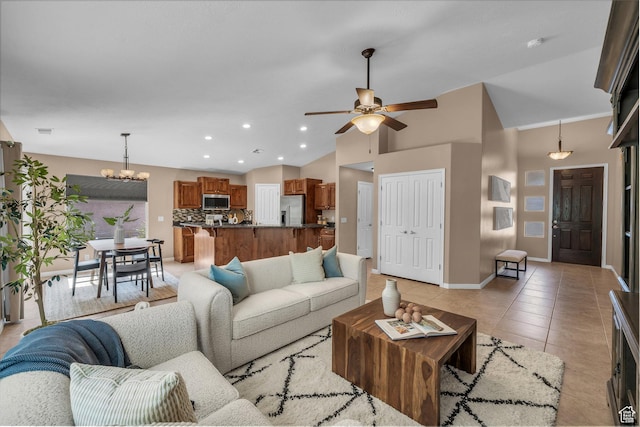 336 W 270 S, Ivins, UT 84738 - living area with a chandelier, ceiling fan, vaulted ceiling, light tile patterned floors, and recessed lighting