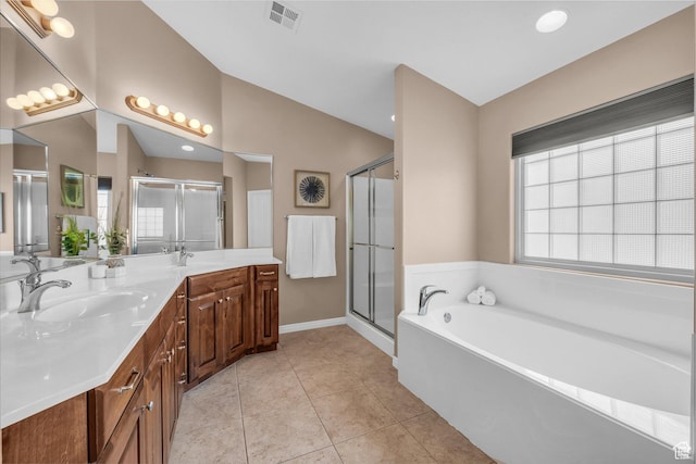 336 W 270 S, Ivins, UT 84738 - full bath featuring a garden tub, double vanity, a shower stall, tile patterned floors, and lofted ceiling
