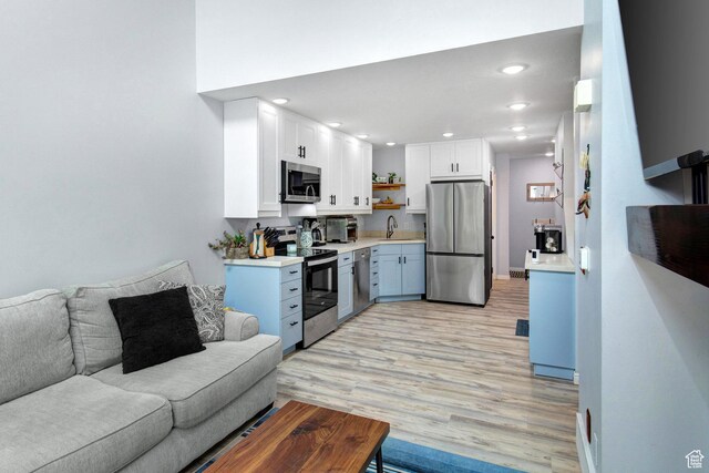 2953 W Wildflower Ct Unit 35, Park City, UT 84098 - kitchen featuring stainless steel appliances, open floor plan, open shelves, light countertops, and white cabinetry