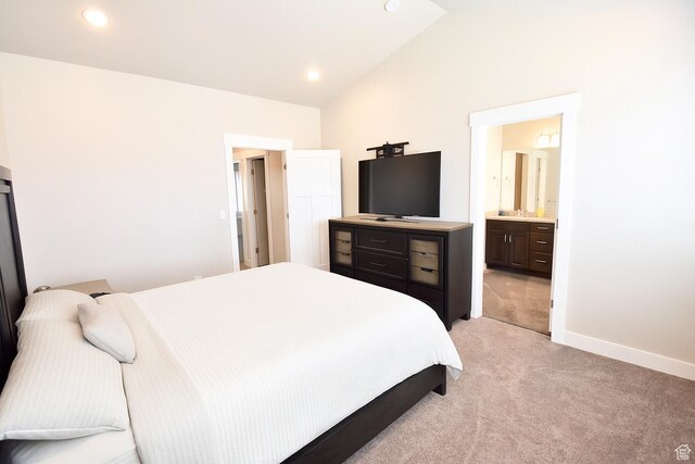 397 S Trejo Ridge Rd E, Grantsville, UT 84029 - bedroom featuring light carpet, vaulted ceiling, recessed lighting, and ensuite bathroom