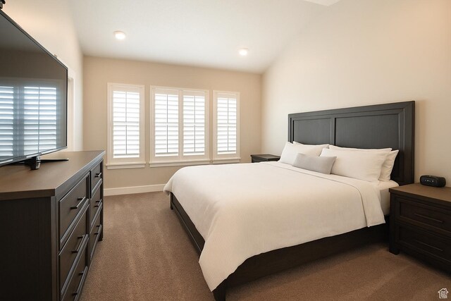 397 S Trejo Ridge Rd E, Grantsville, UT 84029 - bedroom featuring multiple windows, dark carpet, lofted ceiling, and recessed lighting