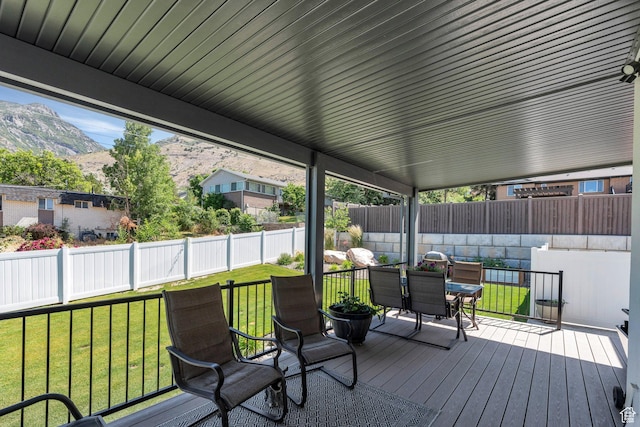 113 N 1400 E, Pleasant Grove, UT 84062 - wooden terrace with a fenced backyard, a mountain view, and outdoor dining area