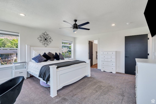 113 N 1400 E, Pleasant Grove, UT 84062 - carpeted bedroom with multiple windows, a textured ceiling, recessed lighting, and a ceiling fan