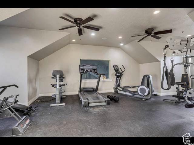 1045 S 1700 W Unit 320, Payson, UT 84651 - exercise room with ceiling fan, recessed lighting, and vaulted ceiling