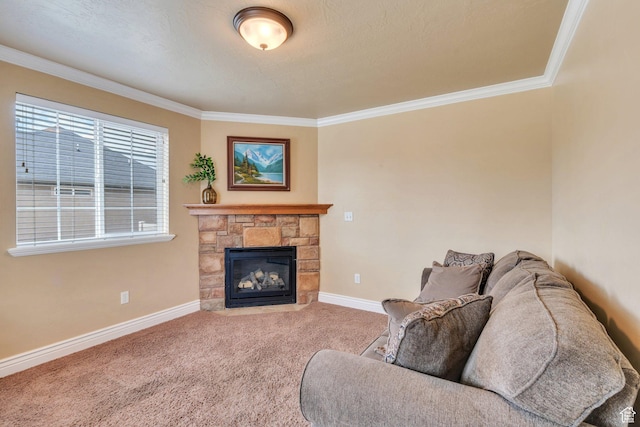 1198 N Reese Dr, Provo, UT 84601 - living area featuring ornamental molding, carpet flooring, and a stone fireplace