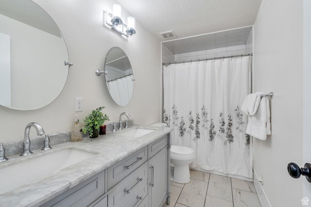 1198 N Reese Dr, Provo, UT 84601 - bathroom with marble finish floors, double vanity, and curtained shower