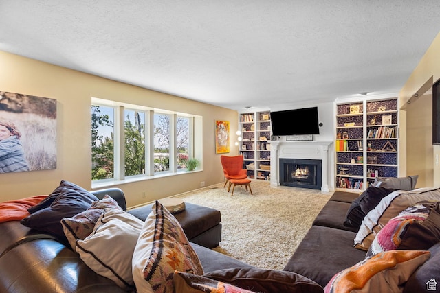 2673 E Toni Cir S, Cottonwood Heights, UT 84121 - carpeted living area with a fireplace with flush hearth, a textured ceiling, and built in shelves