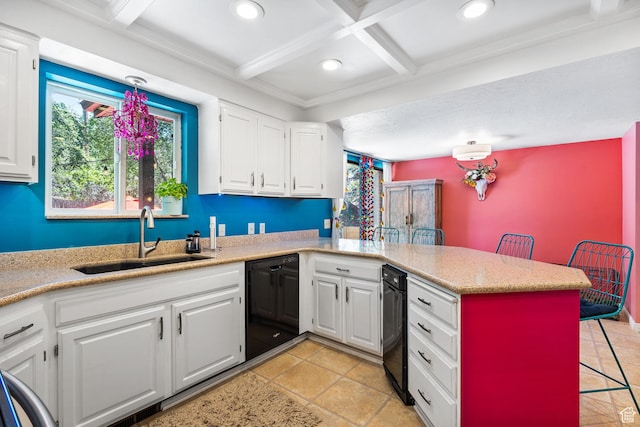 2673 E Toni Cir S, Cottonwood Heights, UT 84121 - kitchen featuring dishwasher, coffered ceiling, a peninsula, a breakfast bar, and beamed ceiling