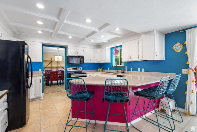 2673 E Toni Cir S, Cottonwood Heights, UT 84121 - kitchen featuring black appliances, a peninsula, white cabinetry, coffered ceiling, and recessed lighting