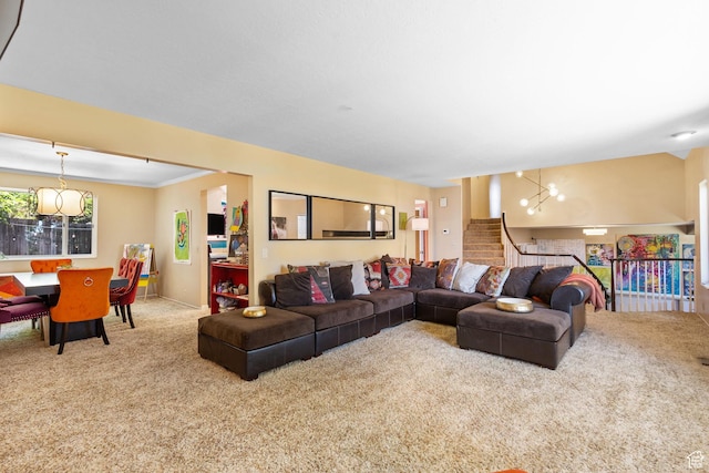 2673 E Toni Cir S, Cottonwood Heights, UT 84121 - carpeted living room featuring a chandelier and stairs
