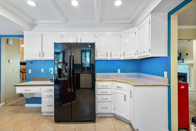 2673 E Toni Cir S, Cottonwood Heights, UT 84121 - kitchen featuring black refrigerator with ice dispenser, white cabinetry, crown molding, recessed lighting, and beam ceiling