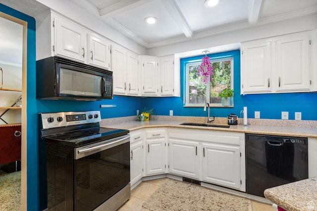 2673 E Toni Cir S, Cottonwood Heights, UT 84121 - kitchen with black appliances, beamed ceiling, light countertops, white cabinetry, and ornamental molding