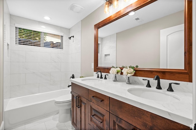 2209 E Viscaya Dr, Draper, UT 84020 - bathroom featuring shower / washtub combination, double vanity, marble look tile flooring, and recessed lighting