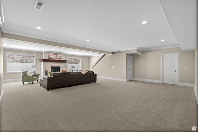 2209 E Viscaya Dr, Draper, UT 84020 - living area featuring light carpet, ornamental molding, recessed lighting, plenty of natural light, and a fireplace