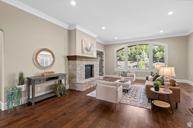 2209 E Viscaya Dr, Draper, UT 84020 - living room with wood finished floors, a fireplace, ornamental molding, and recessed lighting