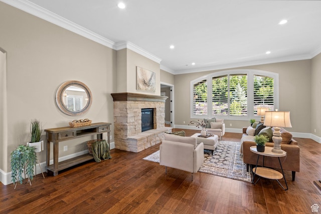 2209 E Viscaya Dr, Draper, UT 84020 - living room featuring wood-type flooring, a fireplace, ornamental molding, and recessed lighting