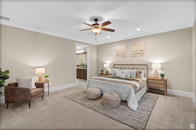 2209 E Viscaya Dr, Draper, UT 84020 - bedroom featuring light colored carpet, crown molding, recessed lighting, ensuite bath, and a ceiling fan