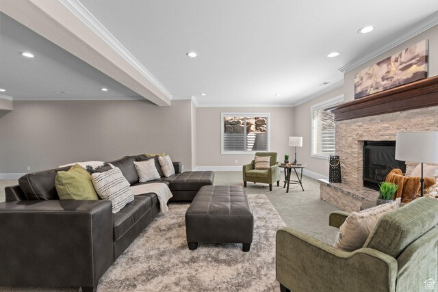2209 E Viscaya Dr, Draper, UT 84020 - living area with recessed lighting, a fireplace, crown molding, and carpet floors