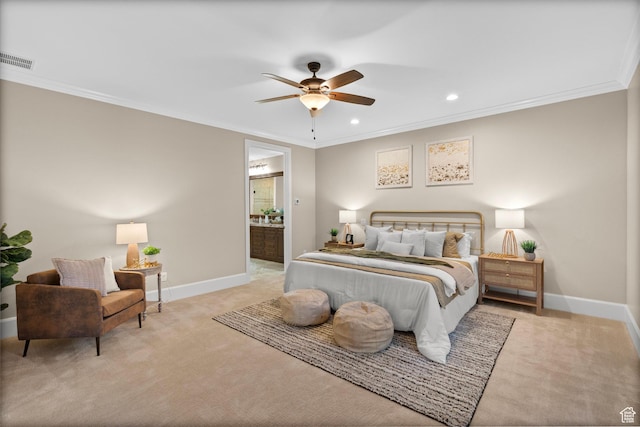 2209 E Viscaya Dr, Draper, UT 84020 - carpeted bedroom with crown molding, ensuite bath, recessed lighting, and ceiling fan