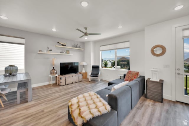 6366 W Sugarcane Dr S Unit 310, South Jordan, UT 84009 - living area featuring wood finished floors, ceiling fan, and recessed lighting