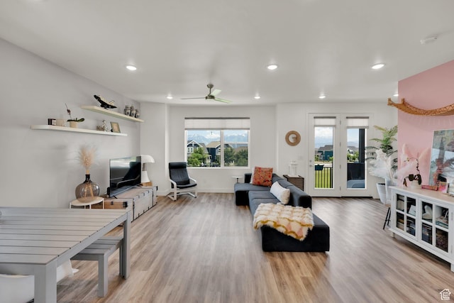 6366 W Sugarcane Dr S Unit 310, South Jordan, UT 84009 - living room with wood finished floors, recessed lighting, and a ceiling fan