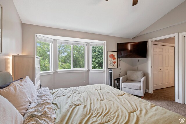 11250 S Meadow Hill Cir, Sandy, UT 84070 - bedroom with carpet, multiple windows, vaulted ceiling, and a ceiling fan