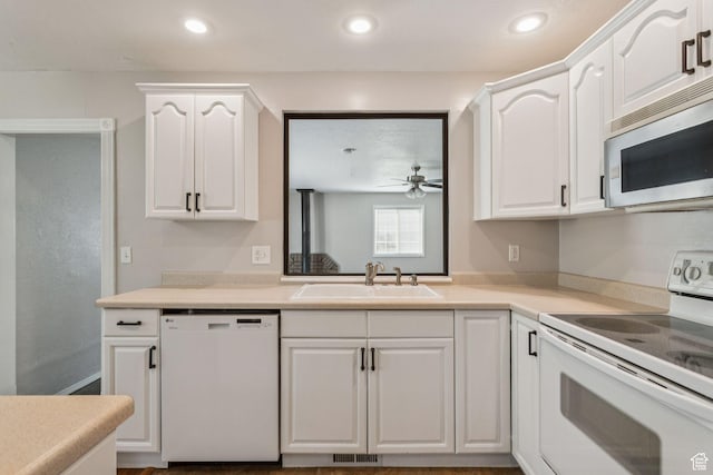 3285 W 6775 S, West Jordan, UT 84084 - kitchen with white appliances, white cabinetry, a ceiling fan, light countertops, and recessed lighting