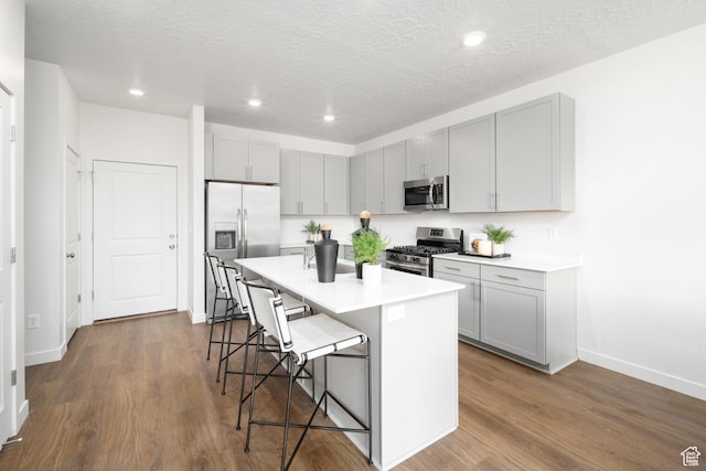 2542 N Wildwood Ln E Unit 236, Heber City, UT 84032 - kitchen with appliances with stainless steel finishes, gray cabinetry, a kitchen bar, dark wood-type flooring, and recessed lighting