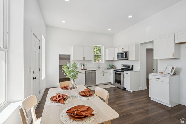 213 E 500 N, Nephi, UT 84648 - kitchen with stainless steel appliances, white cabinetry, dark wood-style floors, light countertops, and recessed lighting