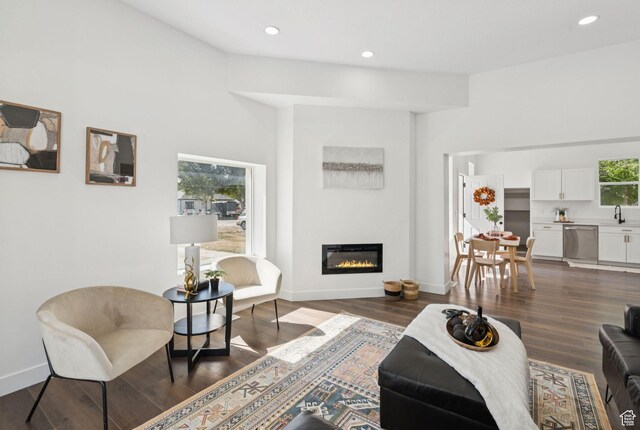 213 E 500 N, Nephi, UT 84648 - living area featuring a glass covered fireplace, recessed lighting, and dark wood-type flooring