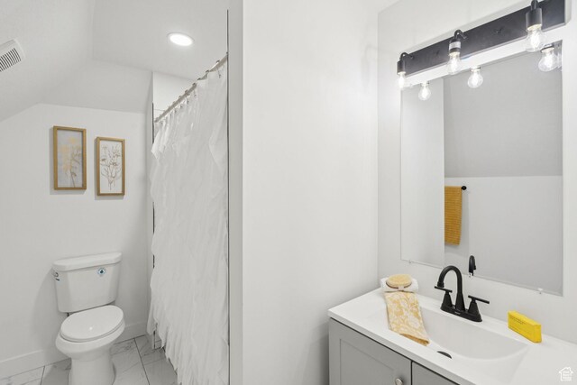 213 E 500 N, Nephi, UT 84648 - full bathroom with marble finish floors, vanity, vaulted ceiling, and recessed lighting