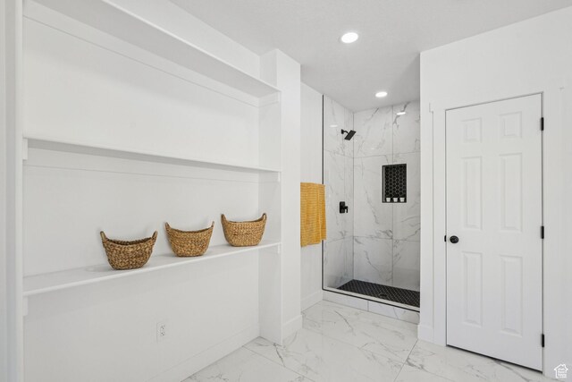 213 E 500 N, Nephi, UT 84648 - full bathroom featuring marble finish flooring, a marble finish shower, and recessed lighting