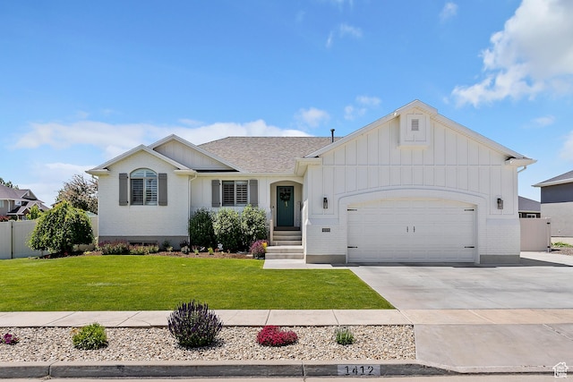 1412 S 4175 W, Syracuse, UT 84075 - ranch-style house with board and batten siding, an attached garage, driveway, brick siding, and a shingled roof
