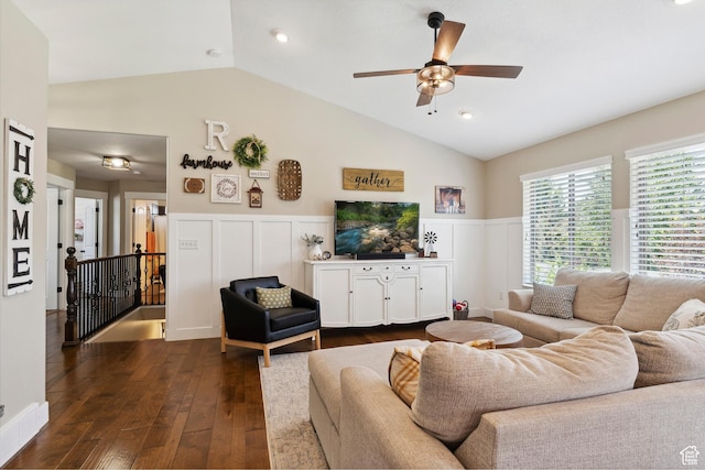1412 S 4175 W, Syracuse, UT 84075 - living room with lofted ceiling, a wainscoted wall, a ceiling fan, dark wood-style flooring, and a decorative wall