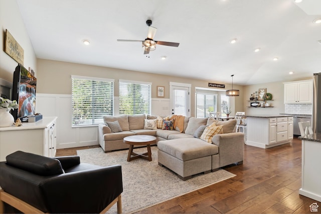1412 S 4175 W, Syracuse, UT 84075 - living room with ceiling fan, hardwood / wood-style flooring, a wainscoted wall, and recessed lighting