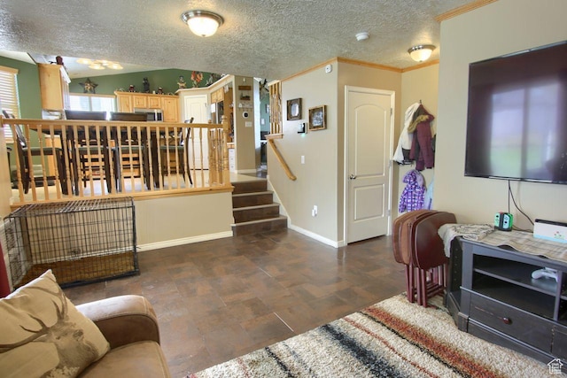 2595 W 4000 S, Roy, UT 84067 - living area with ornamental molding, a textured ceiling, and stairway