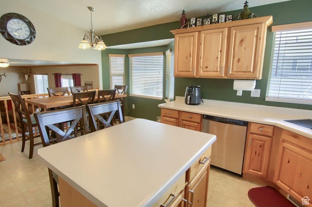 2595 W 4000 S, Roy, UT 84067 - kitchen featuring stainless steel dishwasher, light brown cabinets, light floors, and a chandelier